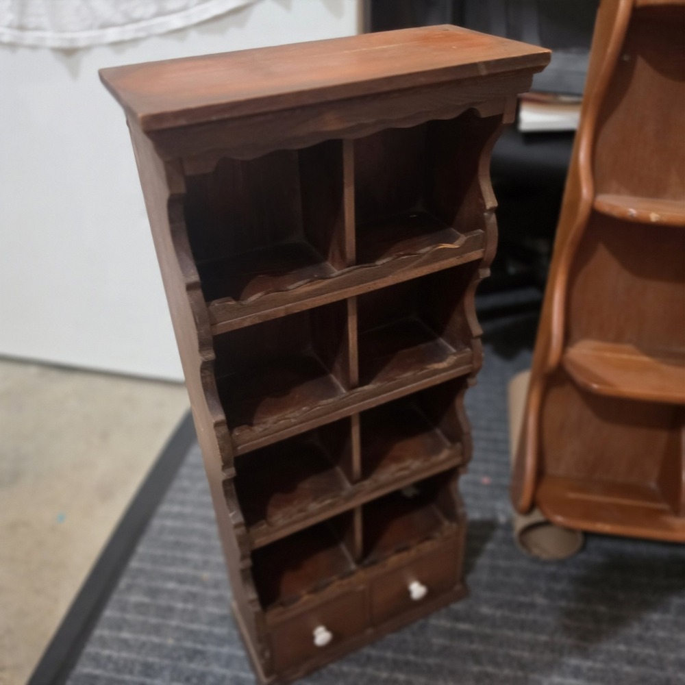 Vintage Rustic Country Wood Wall Display Shelf Cabinet w/ 2 Drawers Primitive - Picture 3 of 5